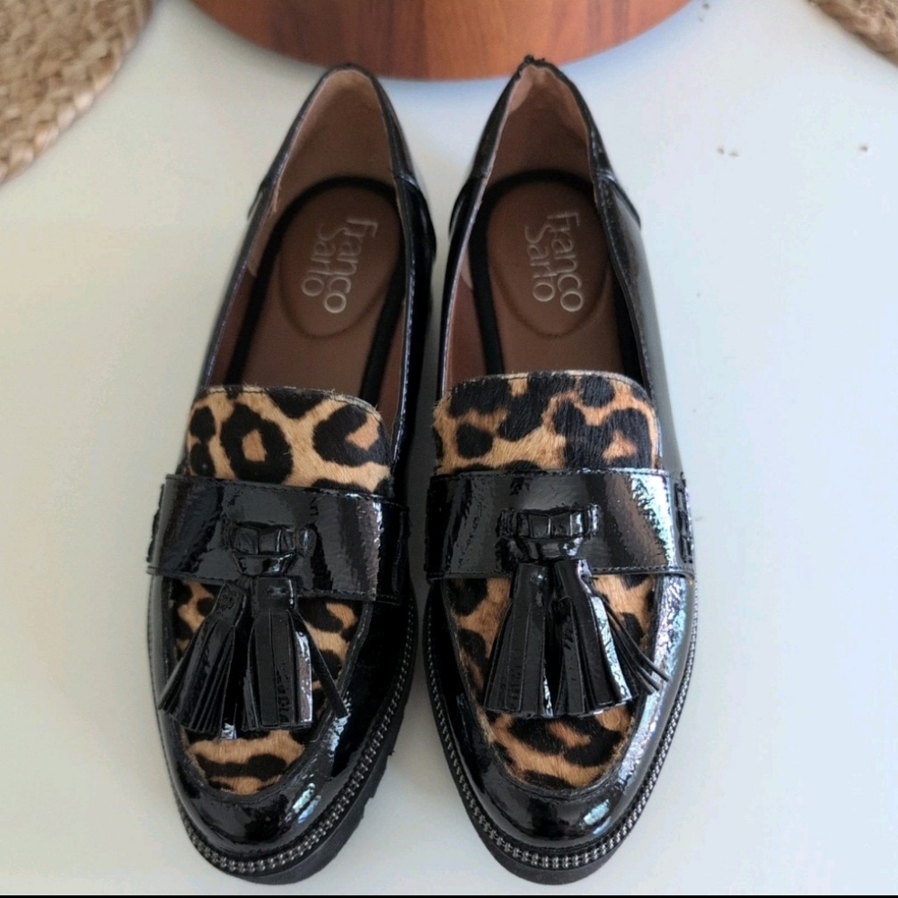Franco Sarto Leopard Print Patent Leather Loafers with Tassels Sz 6M